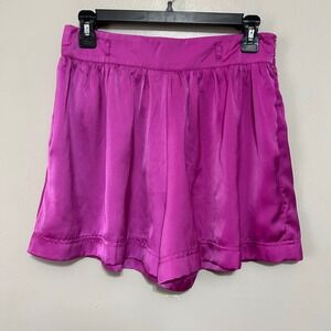 Glam Women's Shorts M Fuchsia Pink Magenta Satin High Waist Pleated Zip Pockets